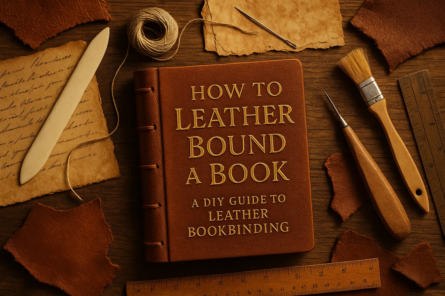 Handcrafting a leather-bound book with tools, glue, and natural leather during the DIY bookbinding process