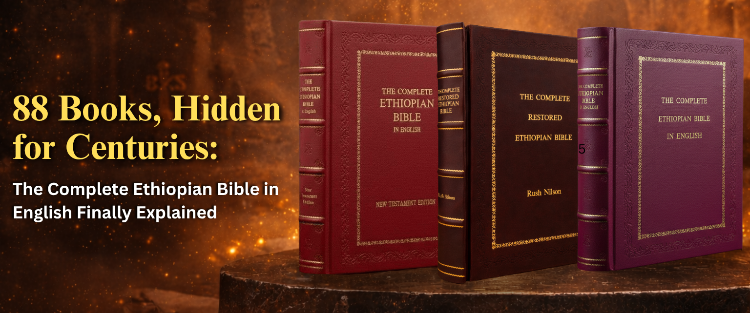 The Complete Ethiopian Bible in English Finally Explained banner with three ethiopian bibles