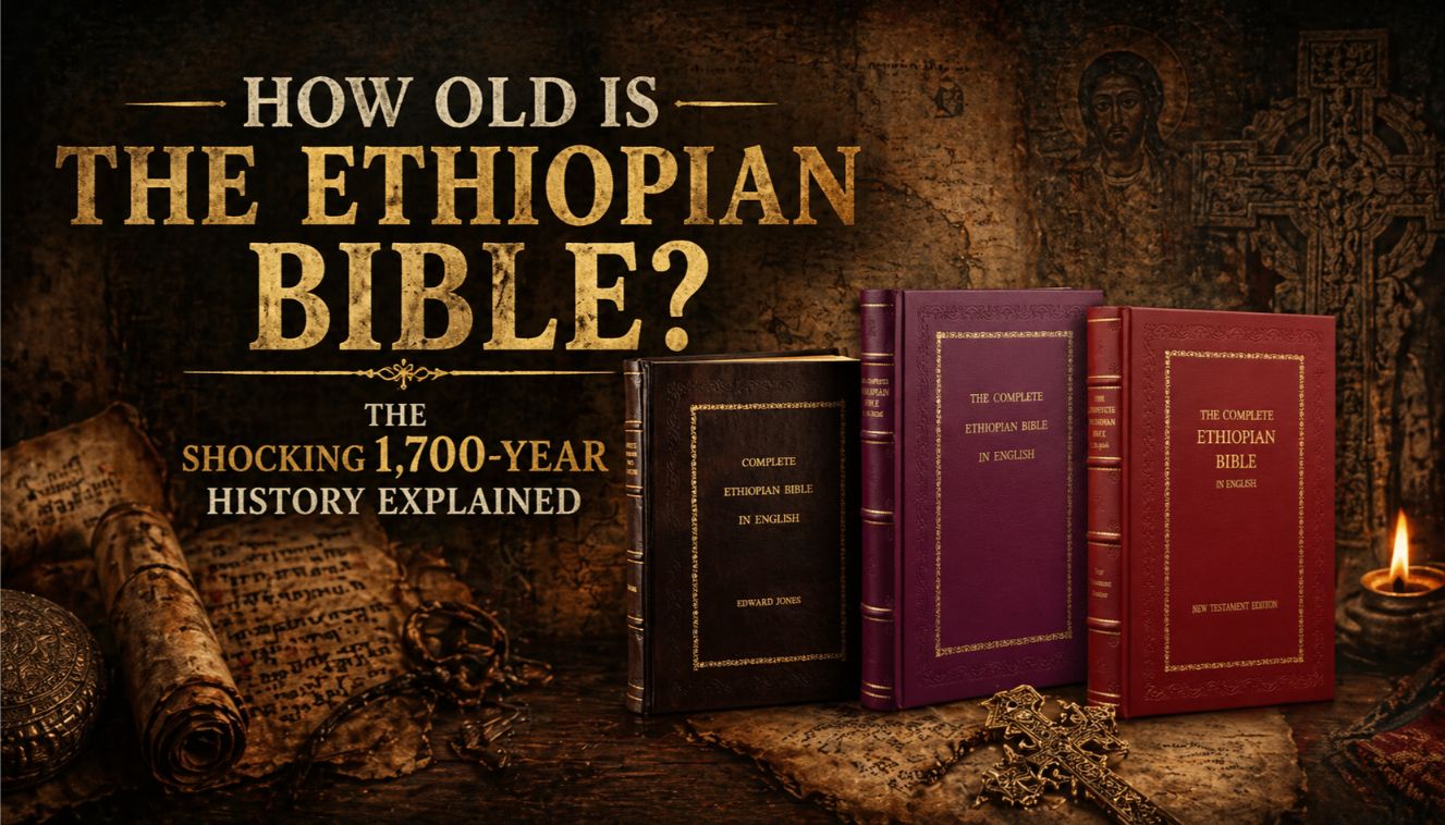 Vintage website banner featuring antique Ethiopian Bible leather-bound editions with old manuscripts, relics, cross, candlelight, and historic church-style background, titled “How Old Is the Ethiopian Bible? The Shocking 1,700-Year History Explained” showcasing the ancient history of the Ethiopian Bible.