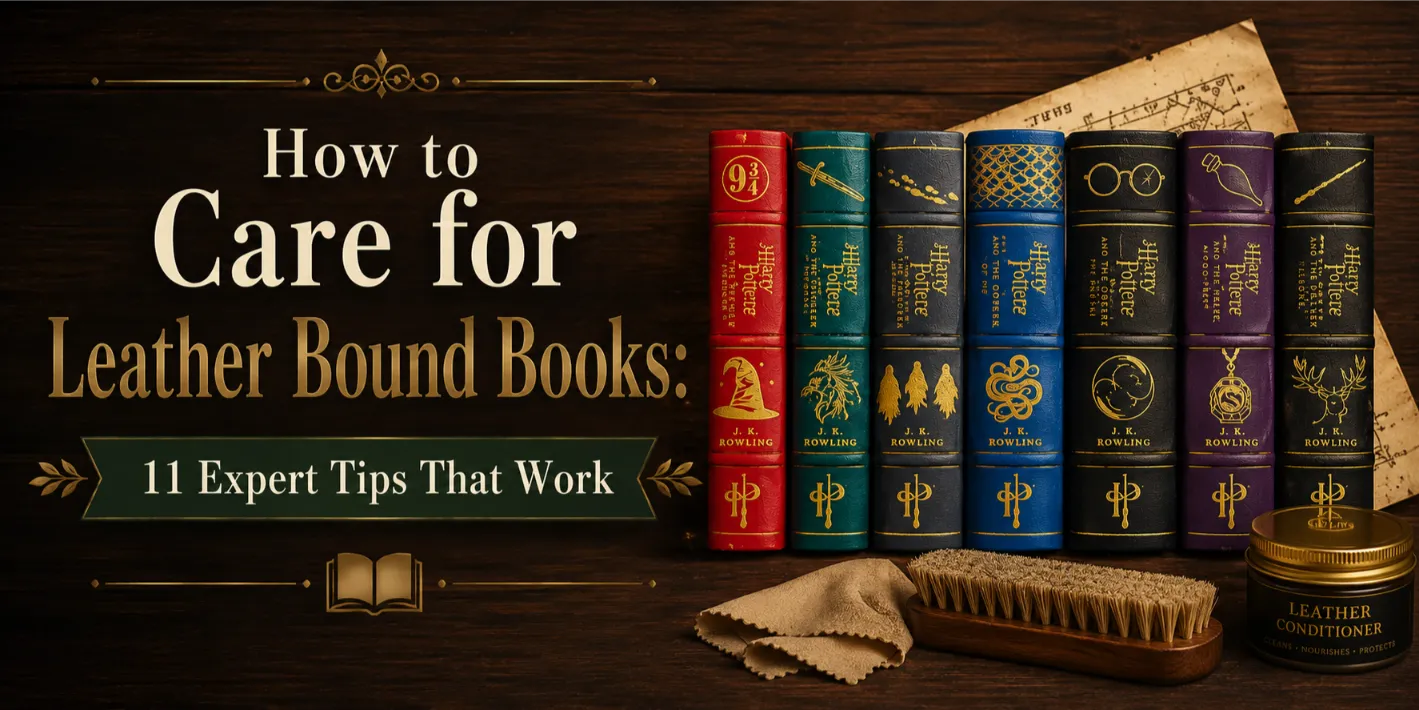 How to Care for Leather Bound Books: 11 Expert Tips That Work banner featuring a stack of premium leather-bound books, a soft cleaning brush, microfiber cloth, and leather conditioner on a wooden desk in a vintage library.