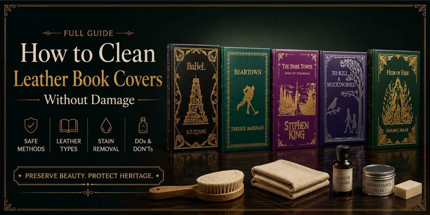 How to clean leather book covers without damage full guide, featuring premium leather-bound books, a soft cleaning brush, microfiber cloths, leather cleaner, and conditioning wax.